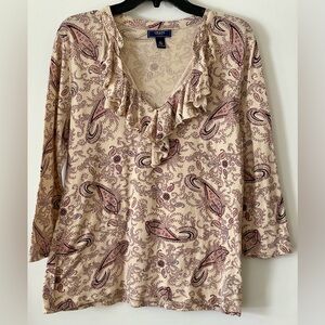 Chaps Denim Women’s XL Tan Multicolored Paisley 3/4 Sleeve Ruffled Neck Blouse